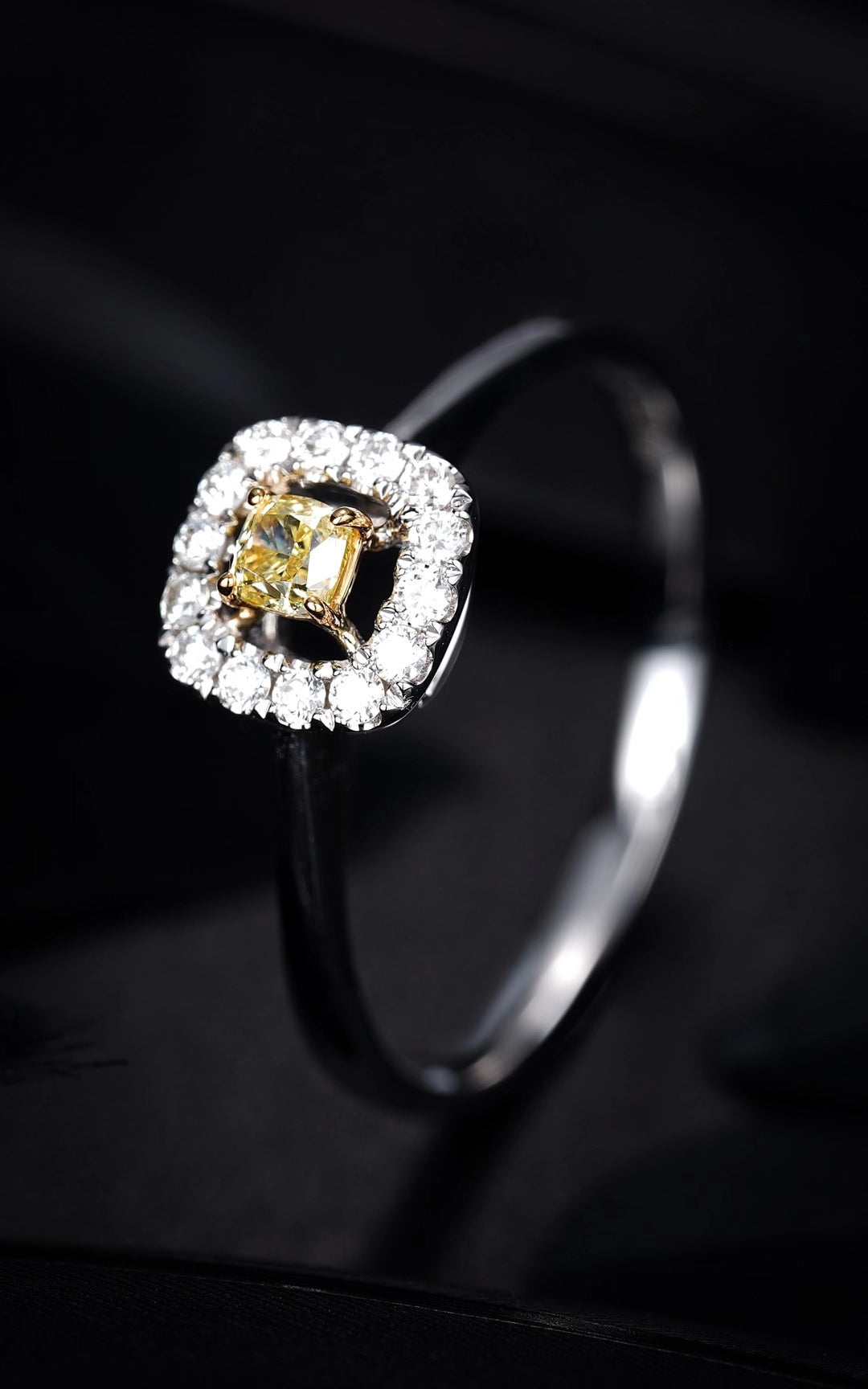 Sparkling Cushion-Cut Diamond Ring with Pavé Setting - Premium Jewelry - Yellow Diamond Ring