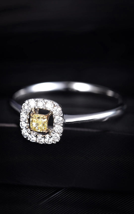 Sparkling Cushion-Cut Diamond Ring with Pavé Setting - Premium Jewelry - Yellow Diamond Ring