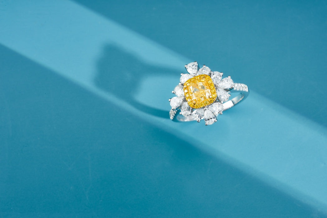 Sparkling Cushion-Cut Diamond Ring with Teardrop Halo - Premium Jewelry - Yellow Diamond Ring