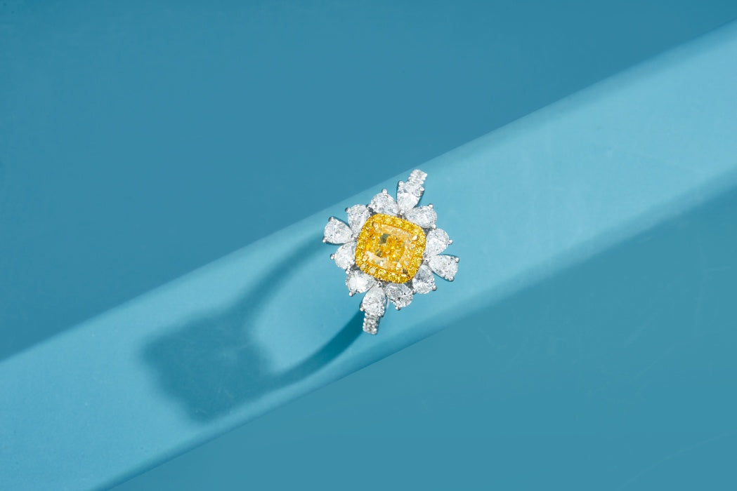 Sparkling Cushion-Cut Diamond Ring with Teardrop Halo - Premium Jewelry - Yellow Diamond Ring