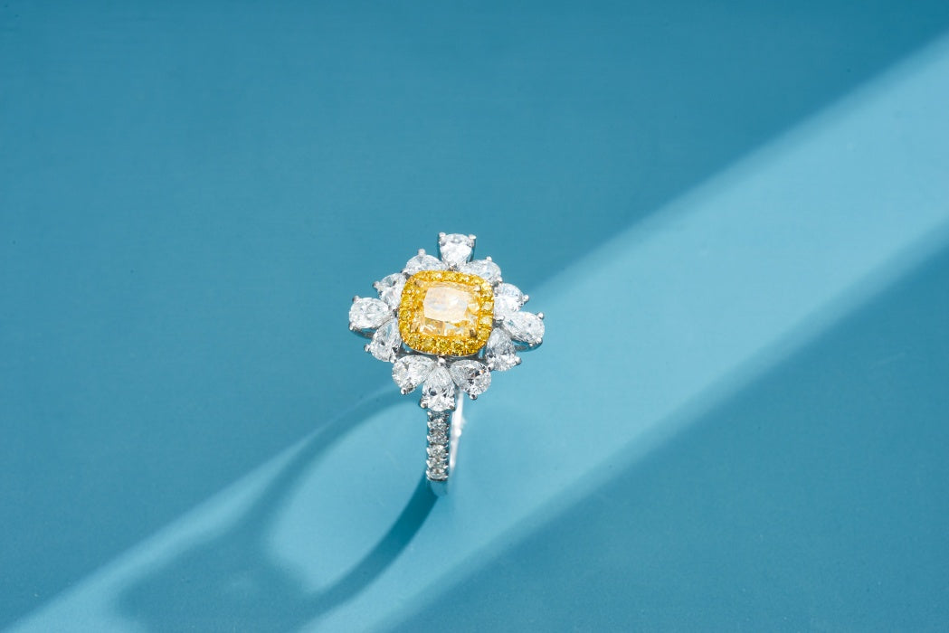 Sparkling Cushion-Cut Diamond Ring with Teardrop Halo - Premium Jewelry - Yellow Diamond Ring