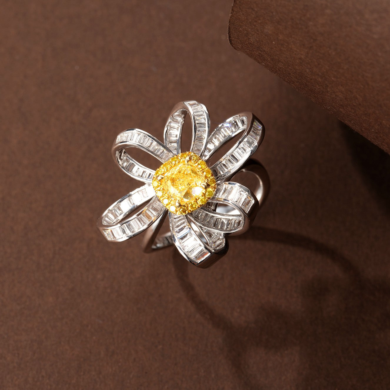 Sparkling Cushion-Cut Diamond T-Flower Ring - Luxury Jewelry - Yellow Diamond Ring