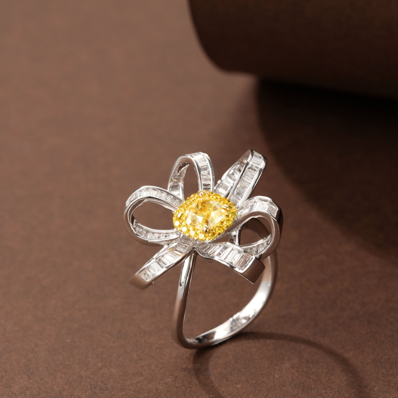 Sparkling Cushion-Cut Diamond T-Flower Ring - Luxury Jewelry - Yellow Diamond Ring