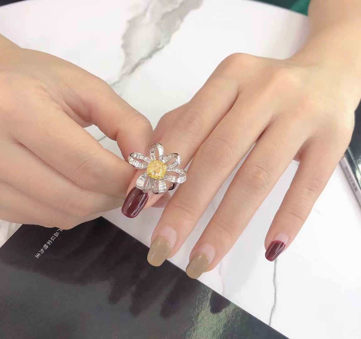 Sparkling Cushion-Cut Diamond T-Flower Ring - Luxury Jewelry - Yellow Diamond Ring