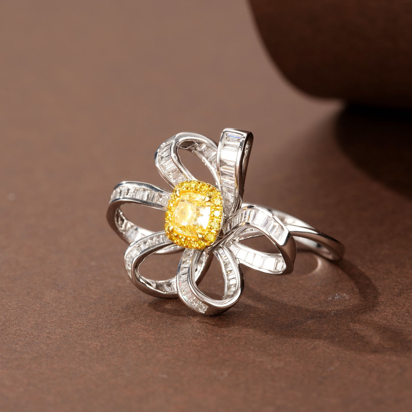 Sparkling Cushion-Cut Diamond T-Flower Ring - Luxury Jewelry - Yellow Diamond Ring