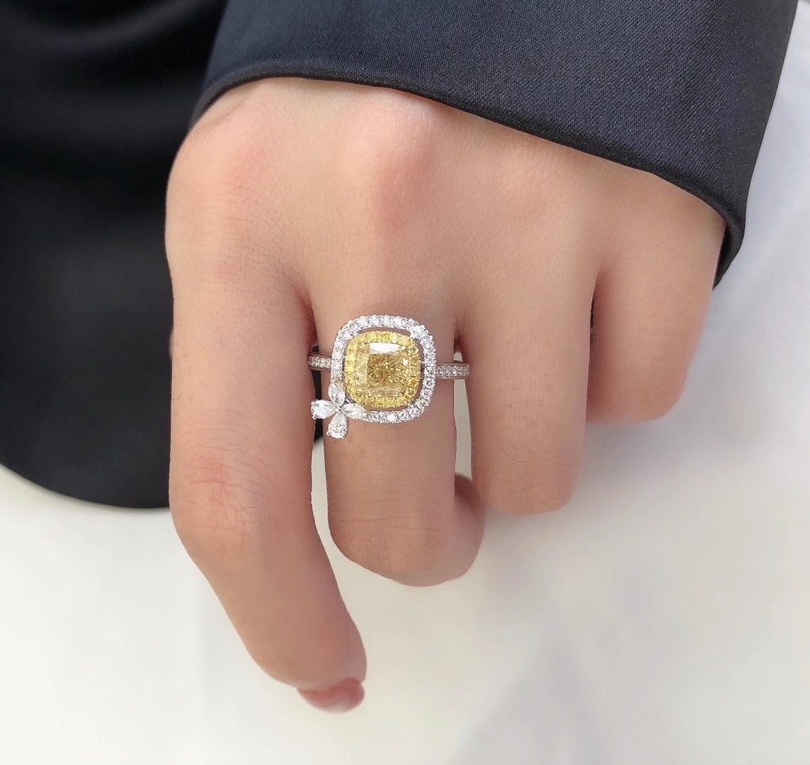 Sparkling Cushion-Cut Yellow Diamond Ring - Luxurious Jewelry Collection - Yellow Diamond Ring