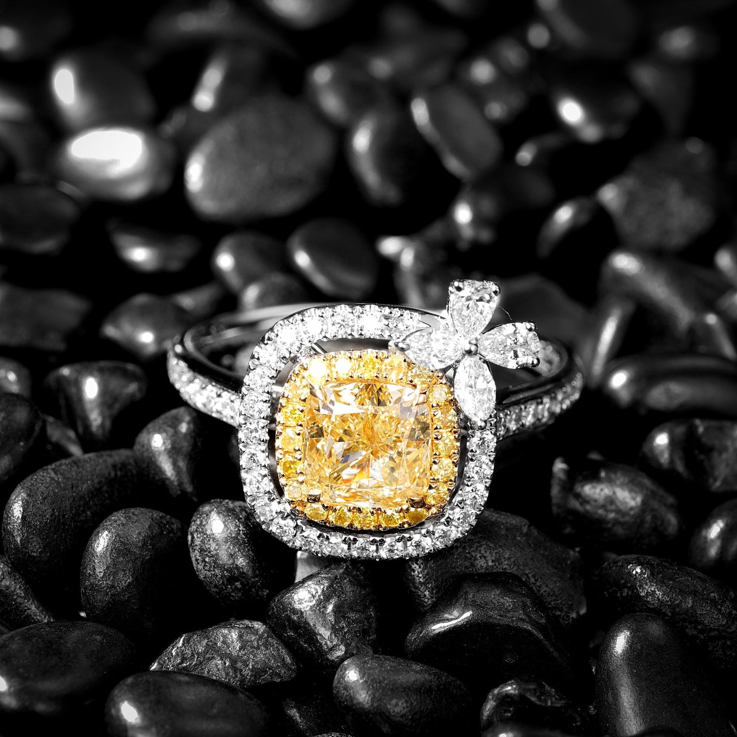 Sparkling Cushion-Cut Yellow Diamond Ring - Luxurious Jewelry Collection - Yellow Diamond Ring