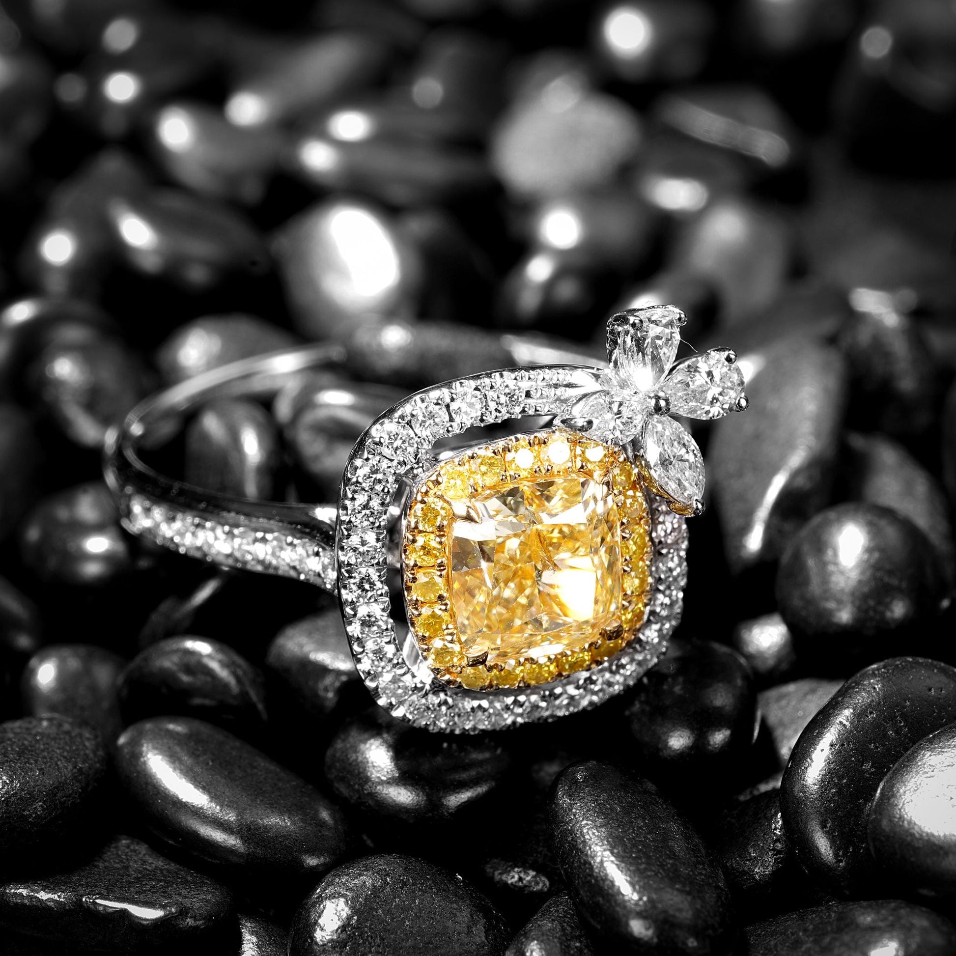 Sparkling Cushion-Cut Yellow Diamond Ring - Luxurious Jewelry Collection - Yellow Diamond Ring