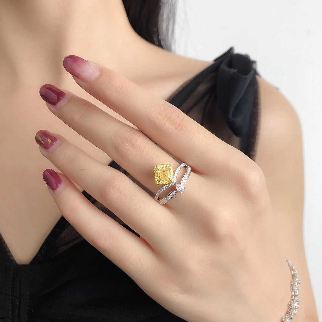 Sparkling Cushion-Cut Yellow Diamond Ring - Luxury Jewelry - Yellow Diamond Ring