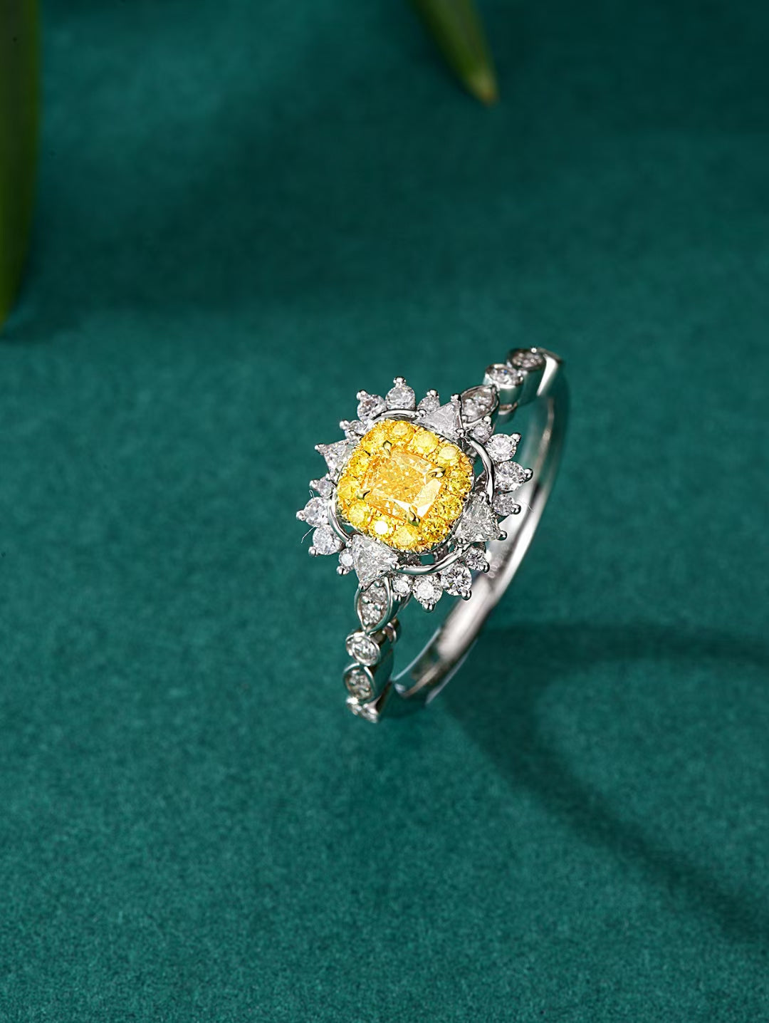 Sparkling Cushion Halo T-Ring Jewelry | Premium Diamond Piece - Yellow Diamond Ring