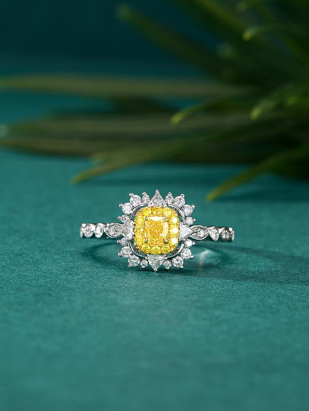 Sparkling Cushion Halo T-Ring Jewelry | Premium Diamond Piece - Yellow Diamond Ring