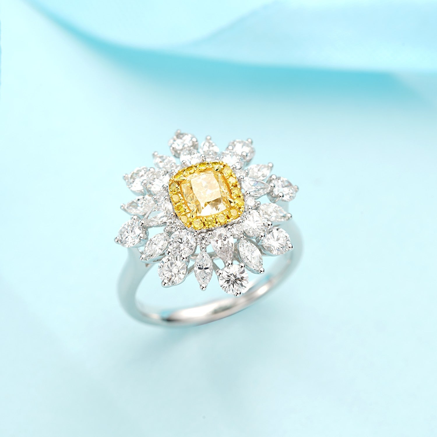 Sparkling Cushion Marquise Round Diamond Ring with Yellow Diamond Center - Premium Jewelry - Yellow Diamond Ring