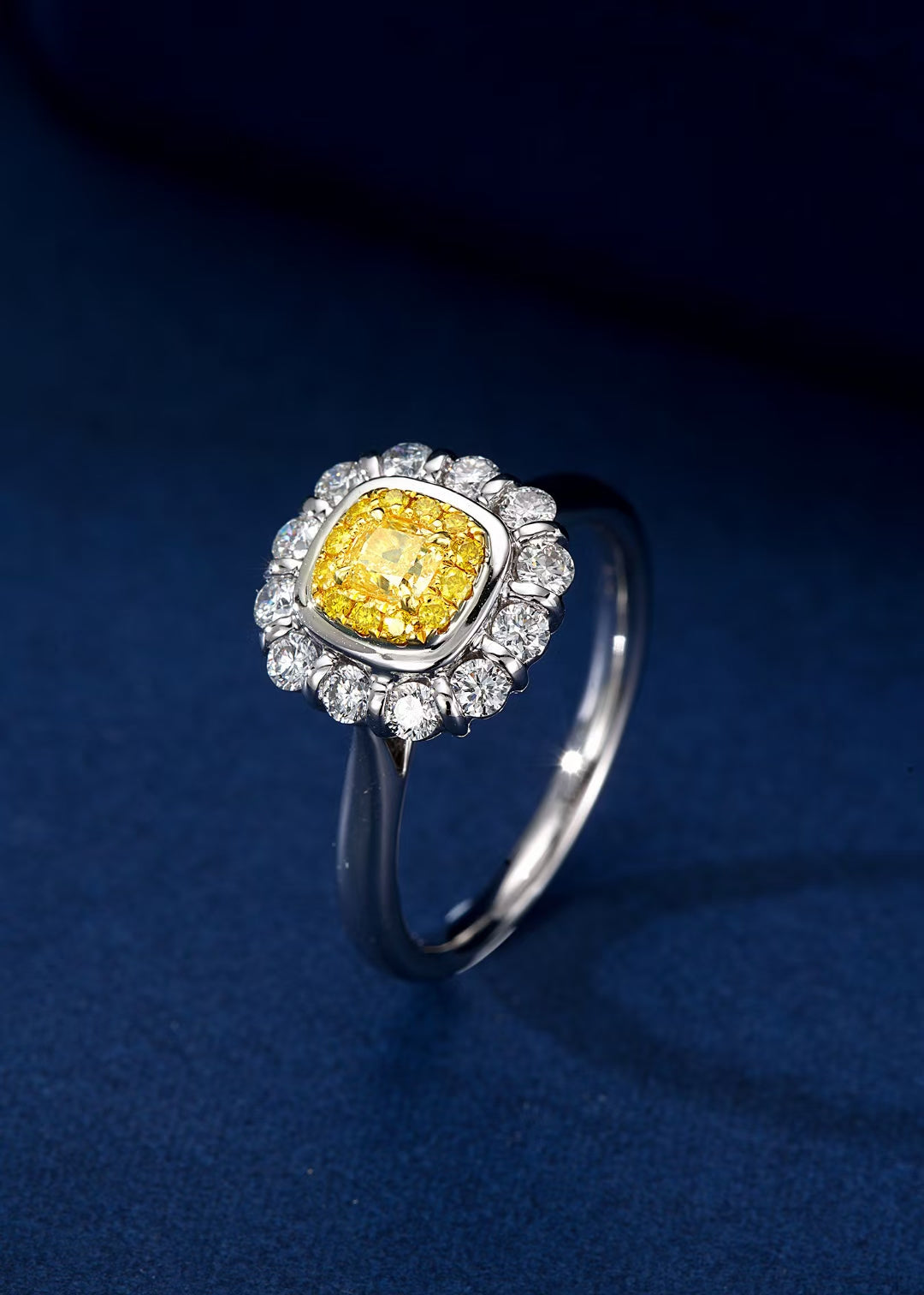 Sparkling Diamond Cushion-Shaped Halo Ring - Premium Jewelry - Yellow Diamond Ring