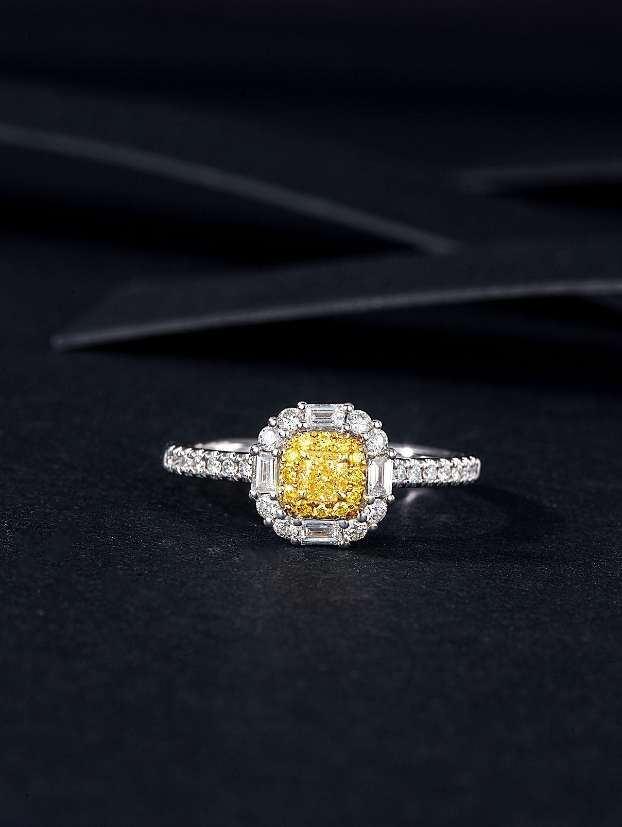 Sparkling Diamond Pillow-Shaped Four-T Ring - Premium Jewelry - Yellow Diamond Ring