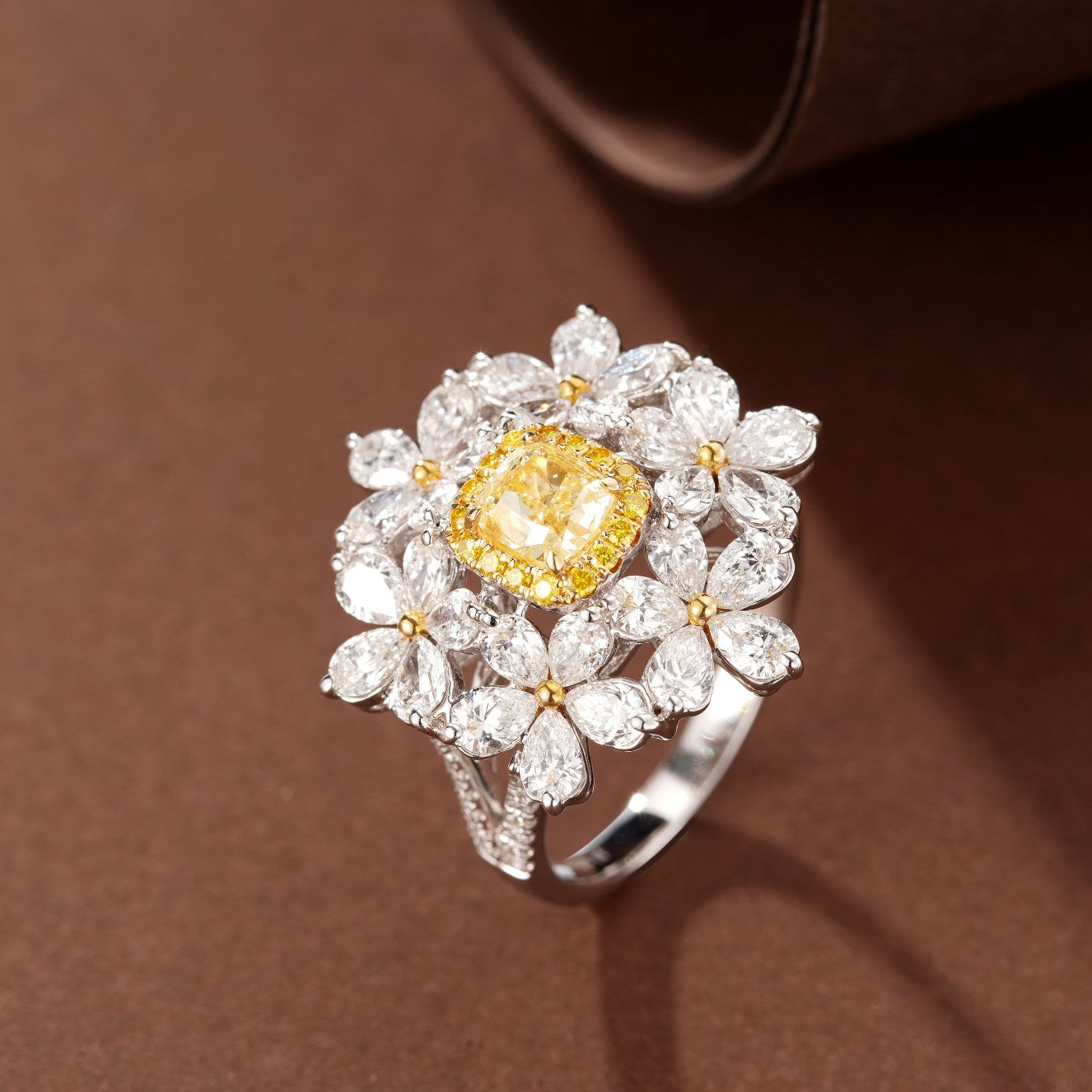 Sparkling Diamond Yellow Sapphire Six-Petal Ring - Premium Jewelry - Yellow Diamond Ring