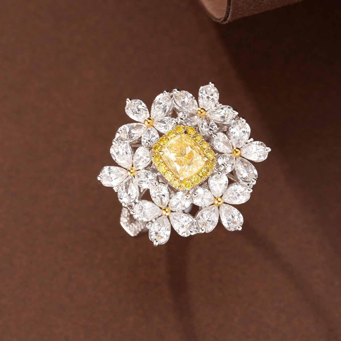 Sparkling Diamond Yellow Sapphire Six-Petal Ring - Premium Jewelry - Yellow Diamond Ring