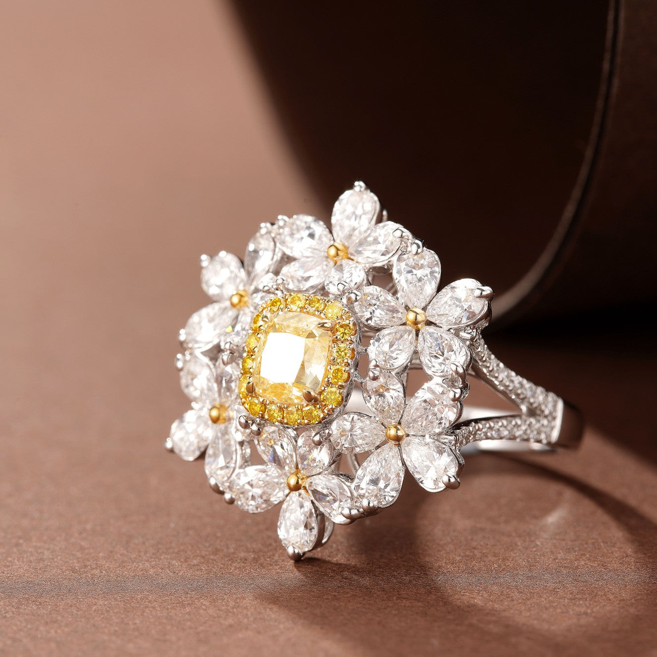 Sparkling Diamond Yellow Sapphire Six-Petal Ring - Premium Jewelry - Yellow Diamond Ring