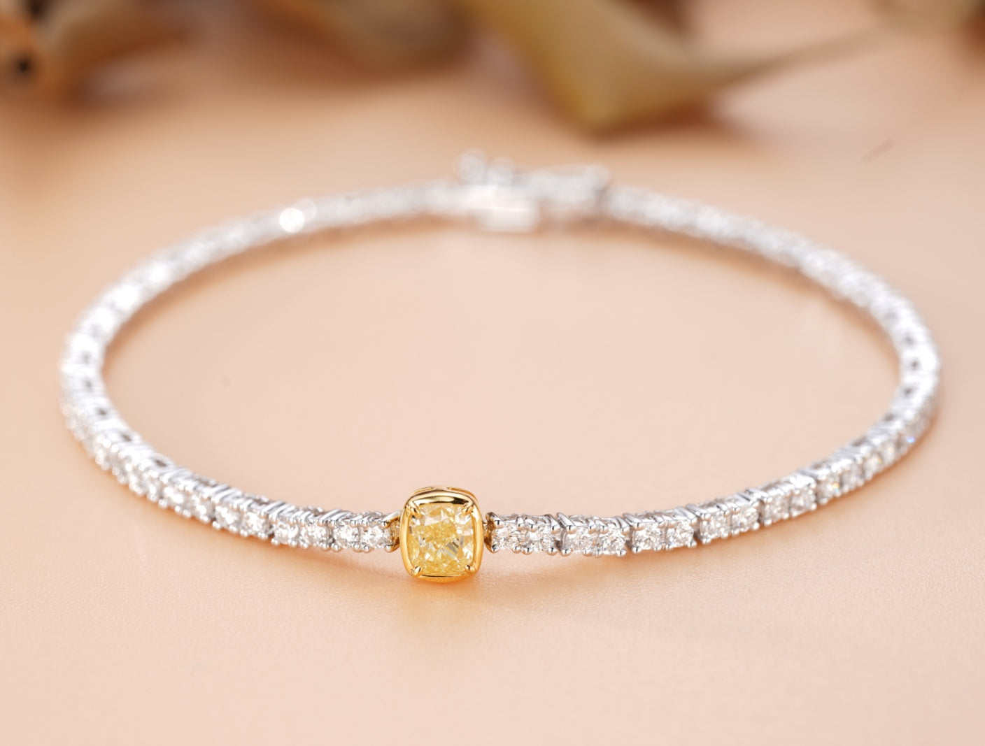 Sparkling Single Cushion-Cut Diamond Bracelet - Premium Jewelry - Yellow Diamond Bracelet