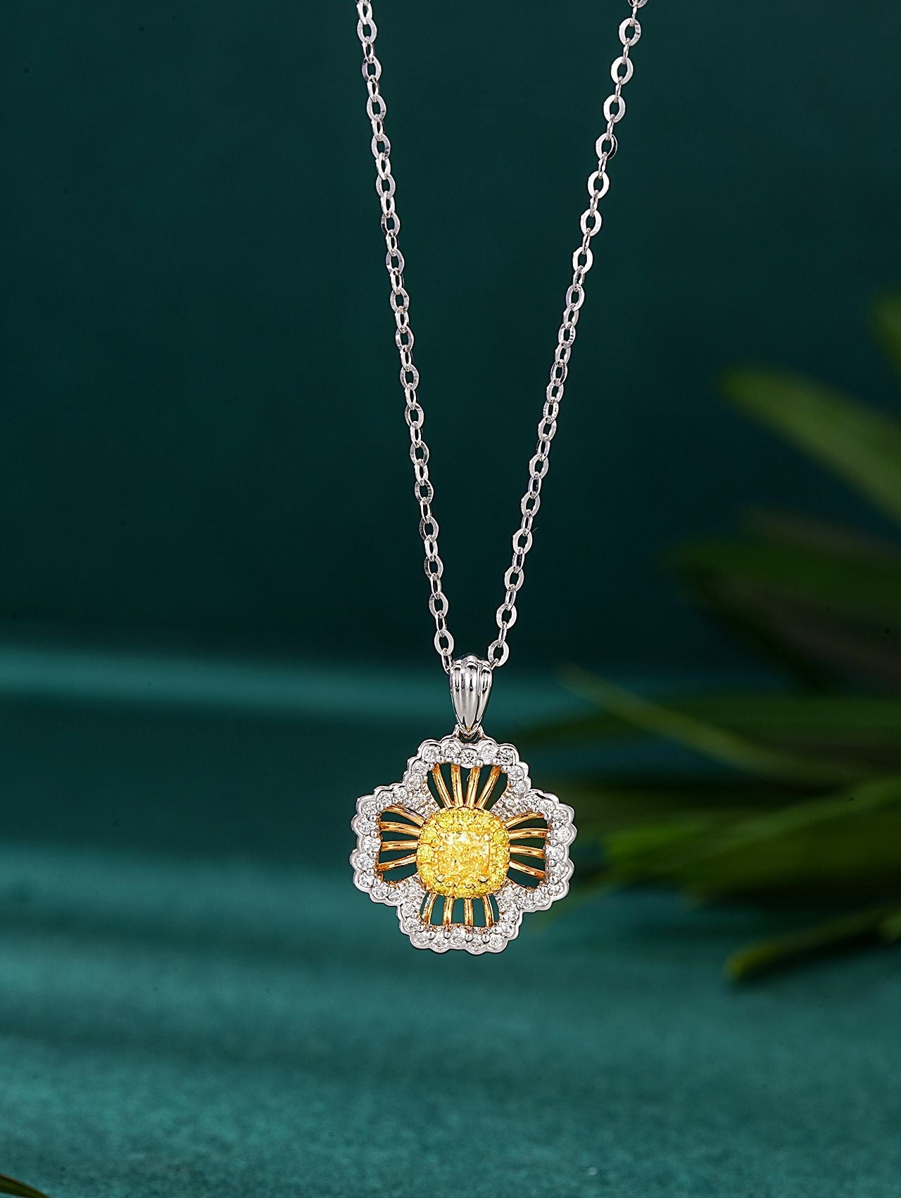 Sparkling Yellow Diamond Round Four-Leaf Pendant Jewelry - Yellow Diamond Pendant