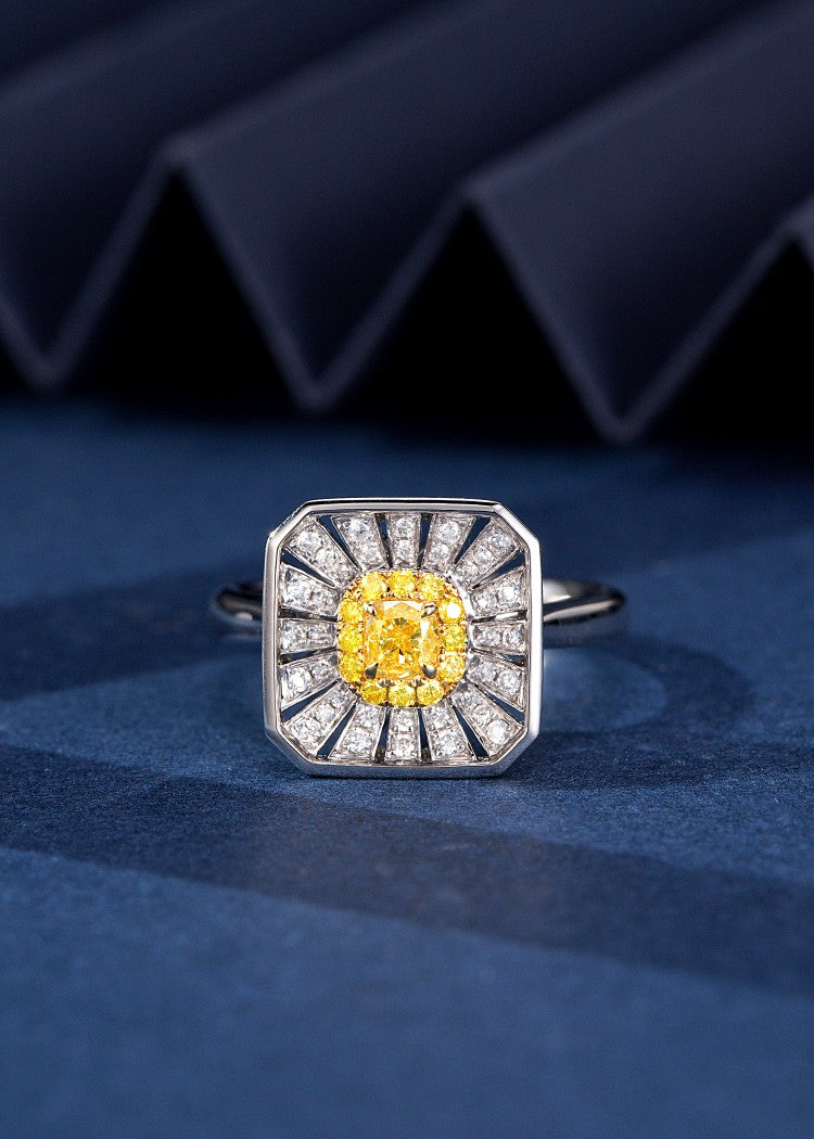 Square Diamond Sunflower Ring - Exquisite Jewelry Piece - Yellow Diamond Ring