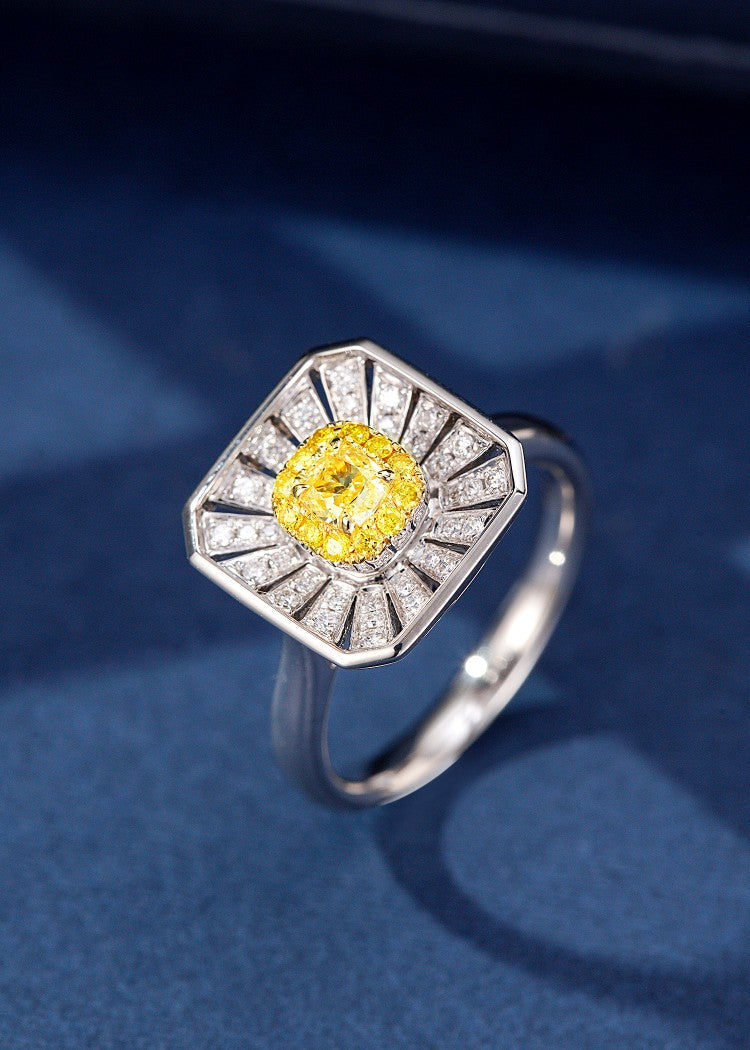 Square Diamond Sunflower Ring - Exquisite Jewelry Piece - Yellow Diamond Ring