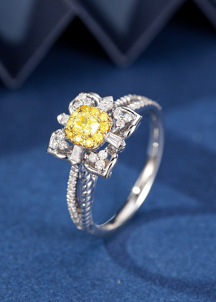 Square Shape Diamond Four-Leaf Ring - Exquisite Jewelry Piece - Yellow Diamond Ring