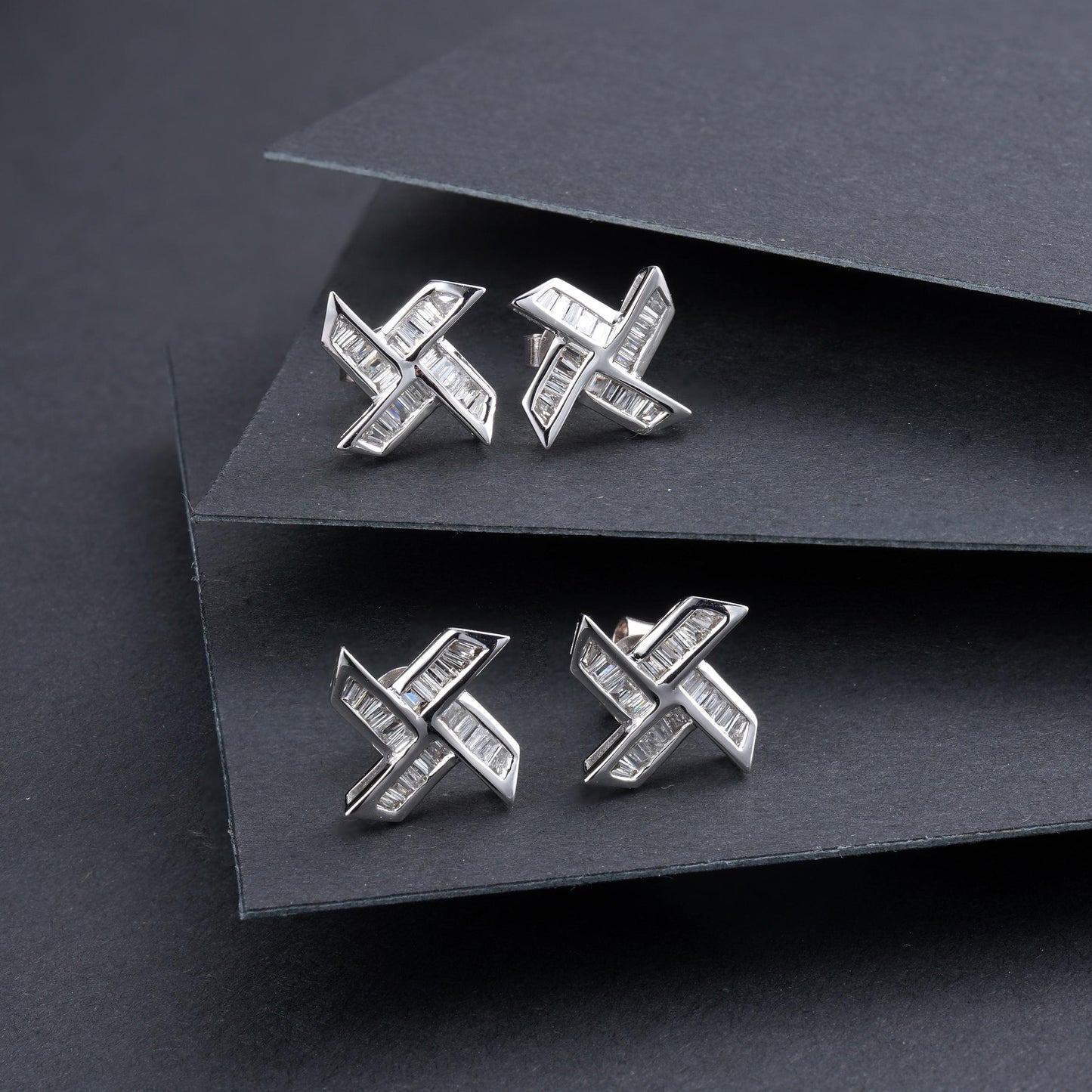 T-Square Windmill Stud Earrings with Diamond Accent – Elegant Jewelry Piece - White Diamond Set System