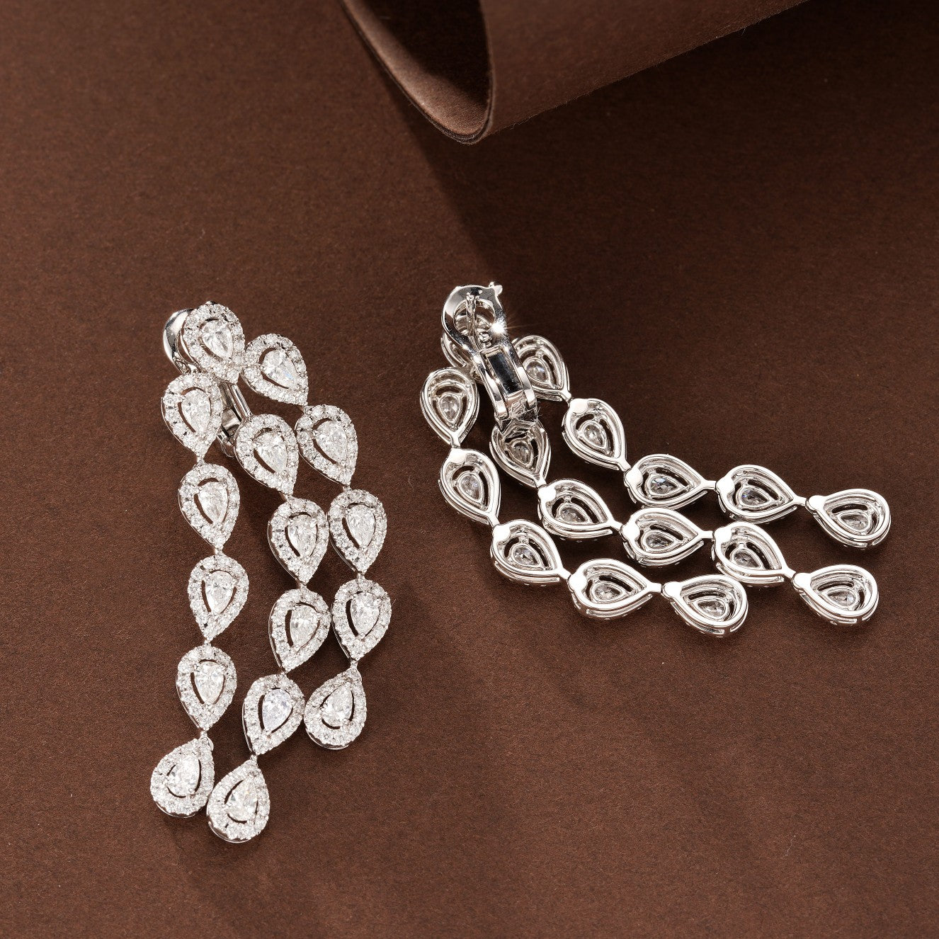 Three-Row Drop Earrings with Teardrop Dangles - Luxury Jewelry - Jeweler.Jewelry