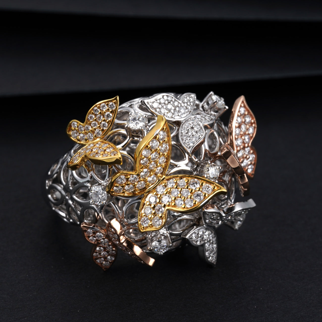 Tricolor Butterfly Ring - A Unique Jewelry Piece - White Diamond Ring