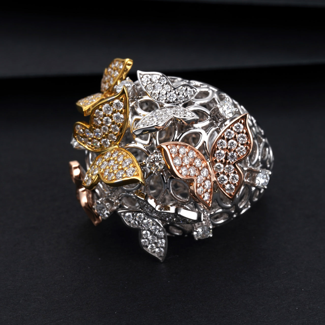 Tricolor Butterfly Ring - A Unique Jewelry Piece - White Diamond Ring