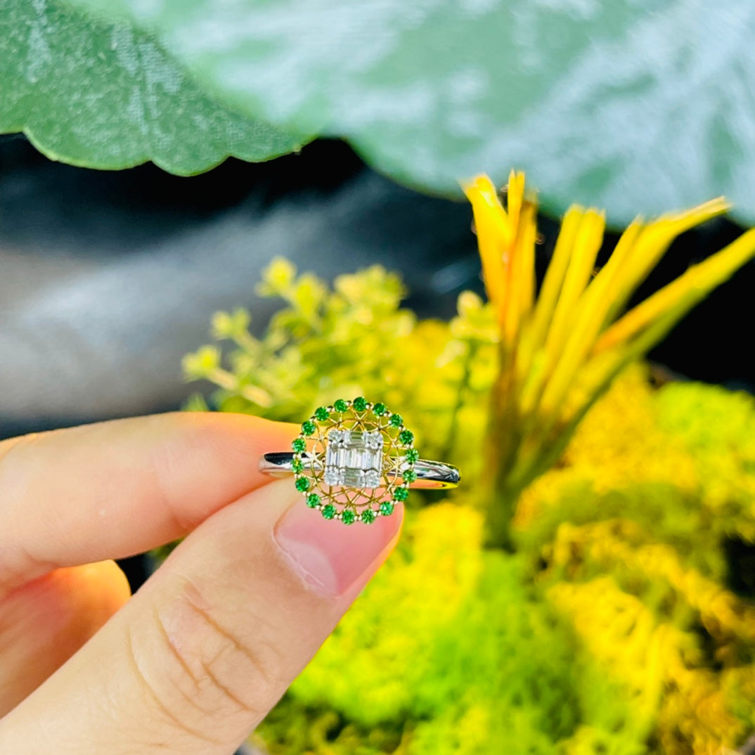 Tsavorite and Diamond Halo Ring - Luxury Jewelry Piece - Shafley Ring