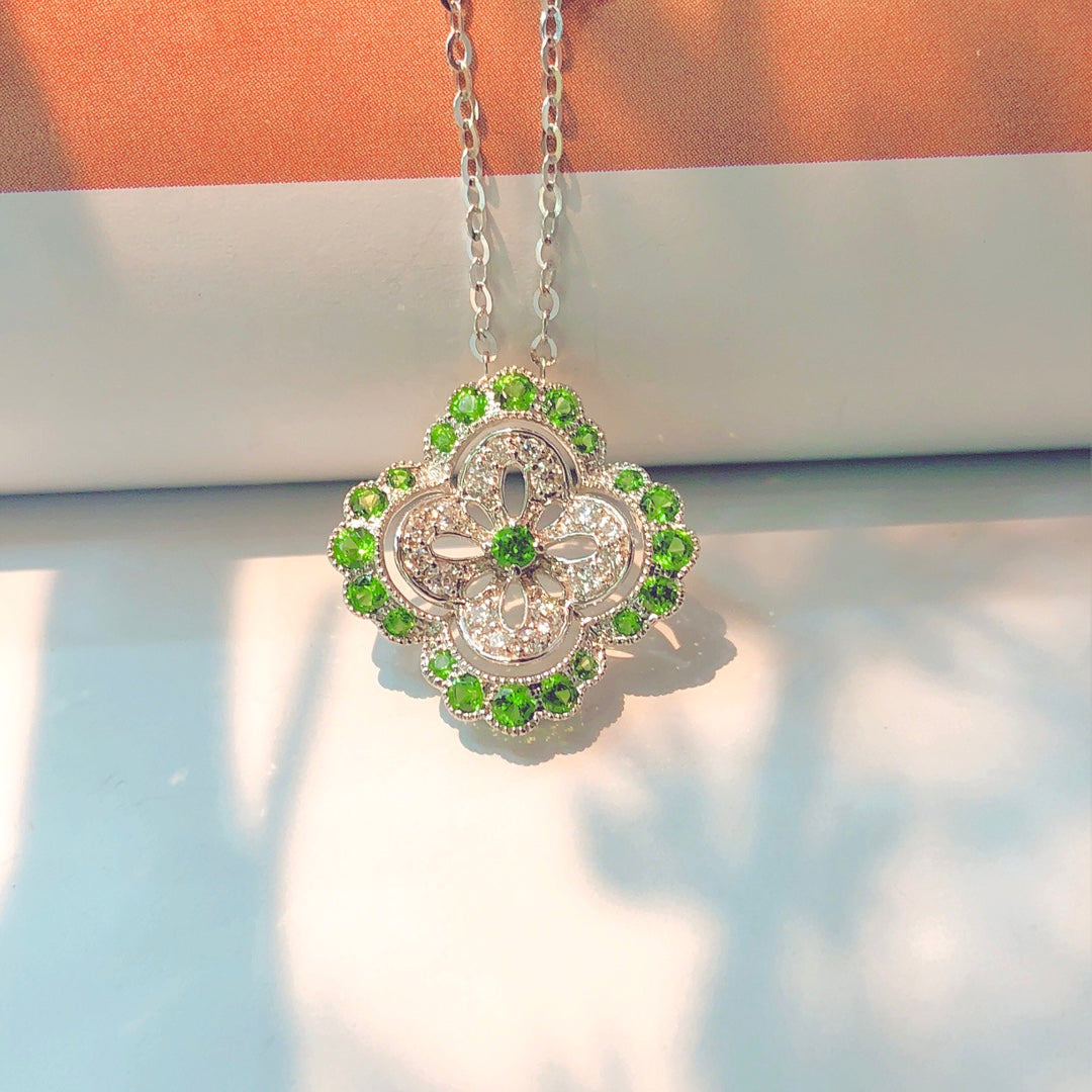 Tsavorite Four-Leaf Clover Pendant Necklace - Exquisite Jewelry Piece - White Diamond Pendant