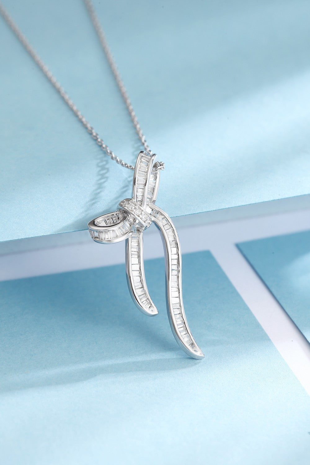 Vertical Bowknot Pendant Jewelry with Diamond Accent - White Diamond Pendant