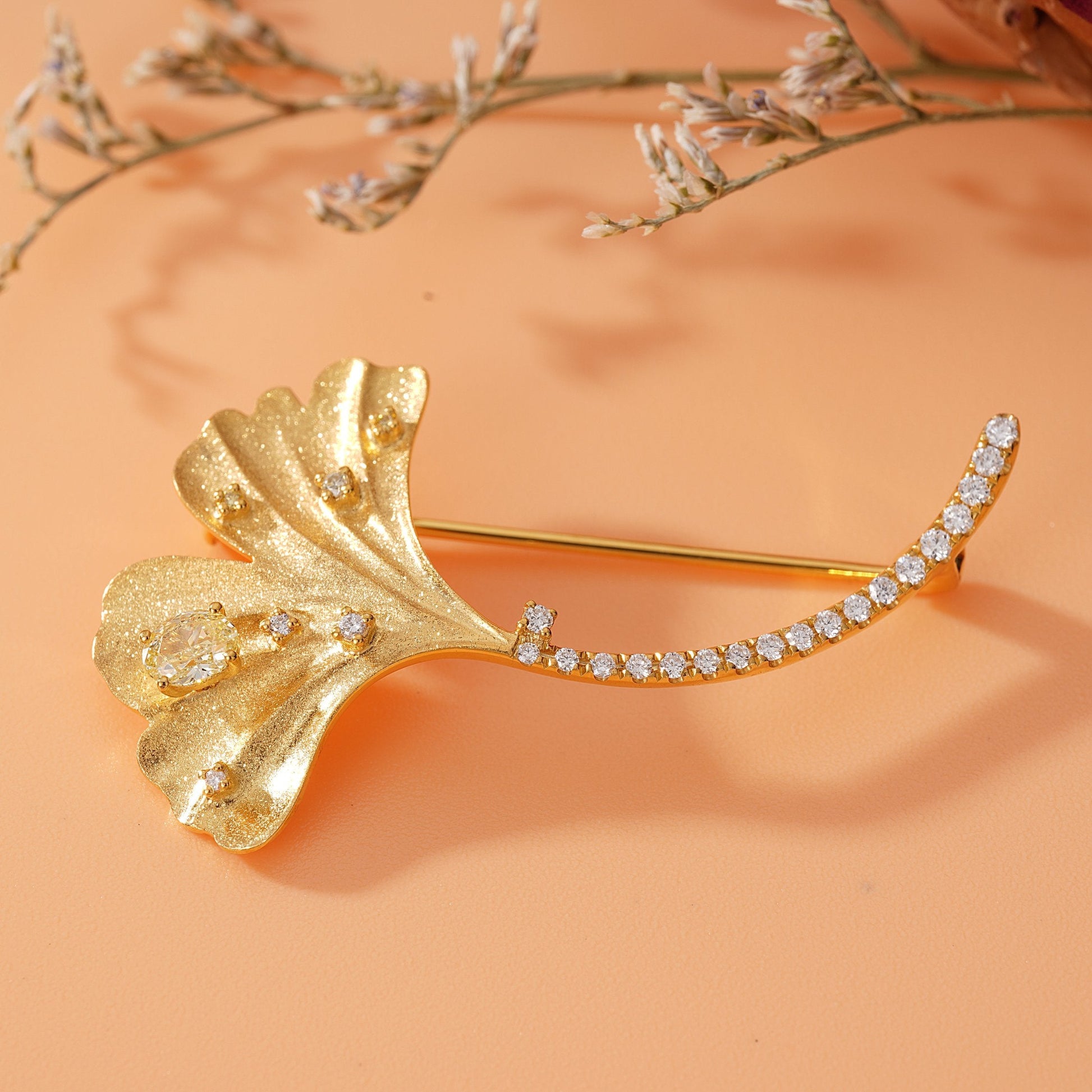 Yellow Diamond Apricot Leaf Brooch - Premium Jewelry - Brooch