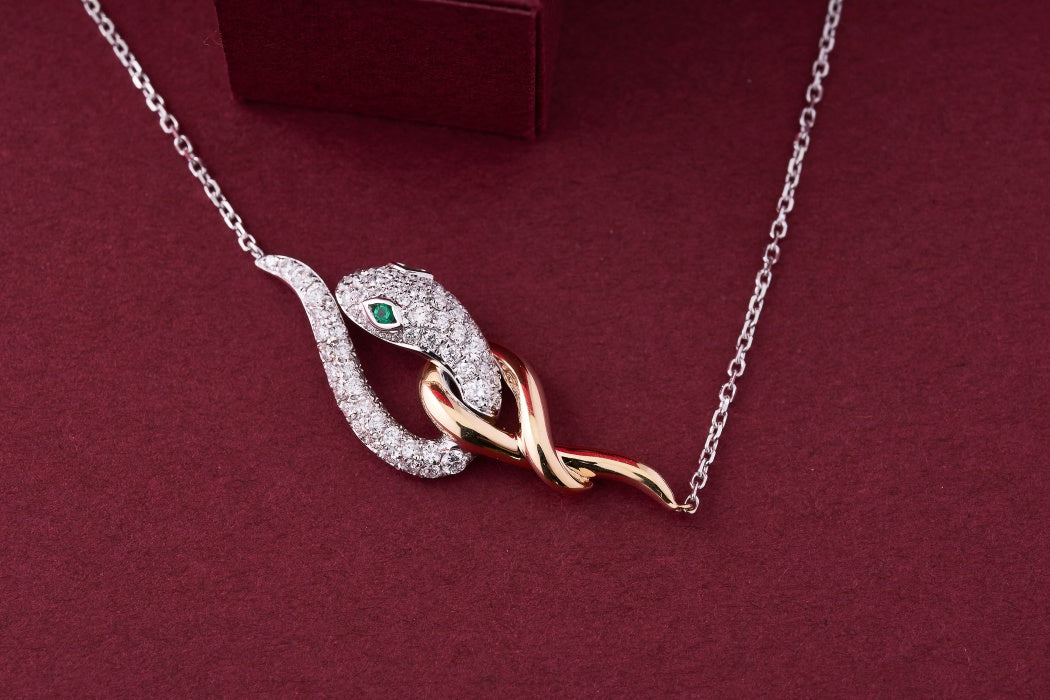 Yellow Gold Snake Pendant with Diamond - Exclusive Jewelry - White Diamond Pendant